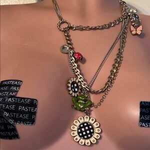 Gold-Tone Layered Necklace with Black & White Flower and Green Frog Charm